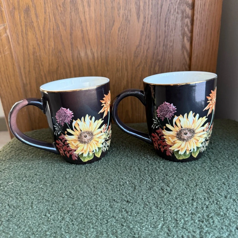 William Sonoma California Harvest Bloom Coffee Gold‎ Rimmed Floral Mug Set Of 2